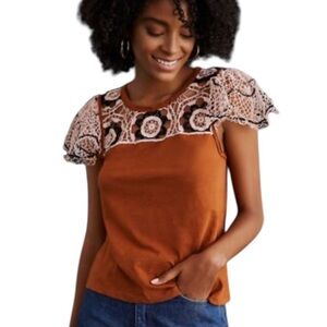 Anthropologie Flutter Sleeve Top with Lace Detail